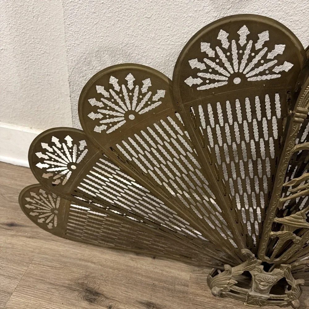 Vintage Brass Peacock Fireplace Screen Art Deco Woman Fan L  33